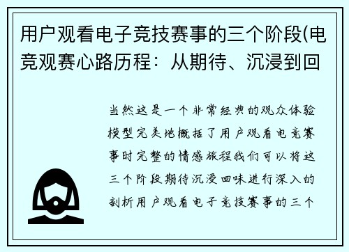 用户观看电子竞技赛事的三个阶段(电竞观赛心路历程：从期待、沉浸到回味)