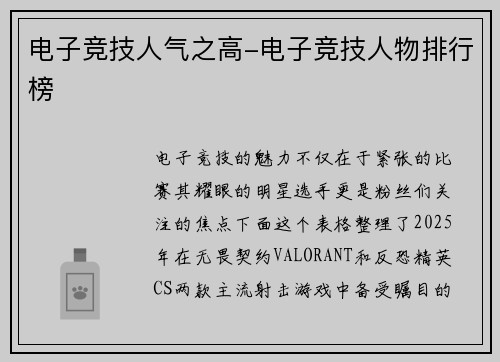 电子竞技人气之高-电子竞技人物排行榜